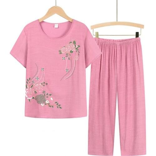 Summer Women Homewear Set Short Sleeve Floral Print T-shirt Pants Loose Two Pieces Set Outfit for Middle-aged