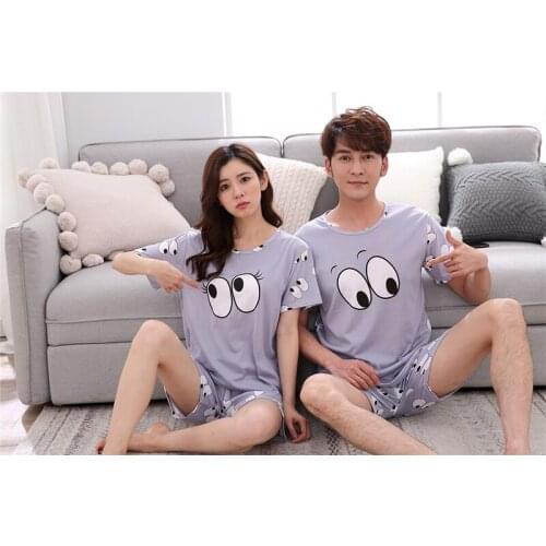 Summer New Knitted Cotton Womens Pajama Set Couple Cartoon Nightwear Sets Mens Pajama Sets Lovers Sleepwear M-2XL Home Fashion