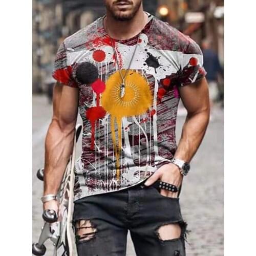 Mens Summer Abstract Painting Digital Printing Short-sleeved Street Casual Trend T-shirt Fashion Round Neck Mens Shirt