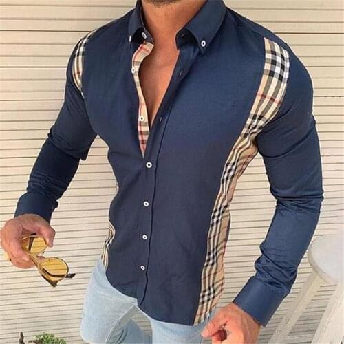 2021 Autumn Plaid Shirts Men Turn Down Collar Slim Casual Tops Leopard Long Sleeve Shirt for Man Solid Color Patchwork Shirts