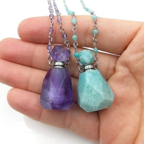 Natural Gems Perfume Bottle Pendant Amazonite Amethysts Oils Diffuser Healthy Crystal Vial 26inch Bead Chains Charm for Necklace