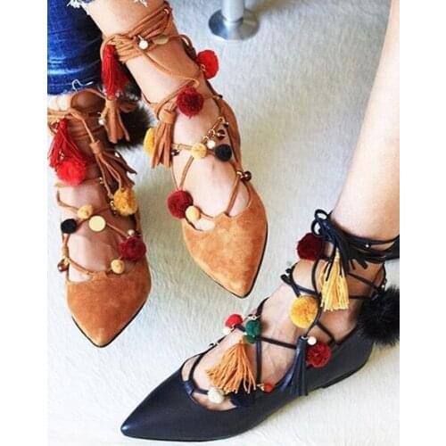 2017 New Fashion Pom Pom Lace Up Women Ballet Flats Sexy Point Toe Leopard Suede Leather Ladies Flats Fashion Party Shoes