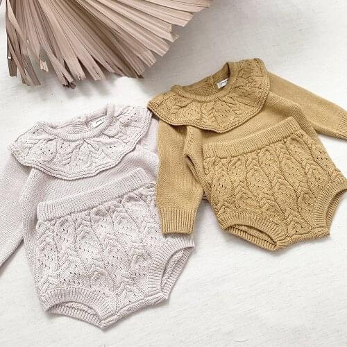 Autumn Warm Baby Boys and Girls Clothing Set Frilly Ruffle Collar Knitting Sweater Christmas Tops +Pants Bloomers Baby Pajamas