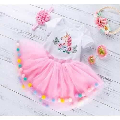 Unicorn Tutu Dress For Baby Girl Pink Fancy Dress Rainbow Ball Flowers Pattern Short Sleeve Mesh Party Birthday New Arrival 2021