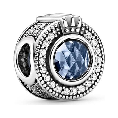 Authentic 925 Sterling Silver Sparkling Blue Crown O Crystal Charm Fits Pandora Bracelet Beads for Jewelry Making Bijoux