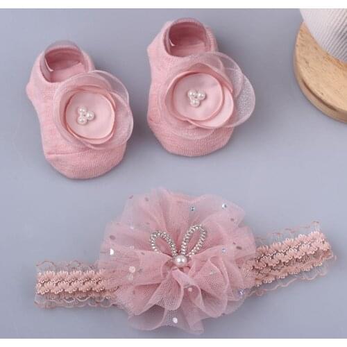 Lovely Pearl Bows Newborn Baby Girl Headband Socks Set Lace Flower Baby Hair Band Turban Baby Hair Accessories