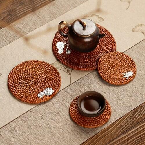 Retro Style Lotus Leaf Goldfish Design Rattan Coaster For Teacup Teapot Round Insulation Tea Set Cup Mat For Home Hotel Office