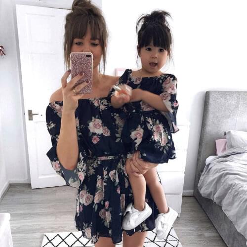 Family Dress Mother and Daughter Matching Girls Floral Summer Holiday Dress Off Shoulder A-Line Dress Outfits Clothes Dresses