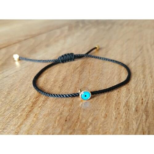 Blue Evil Eye Bead Macrame Hand Knit Rope Bracelet Adjustable Size black color rope and gold color metal