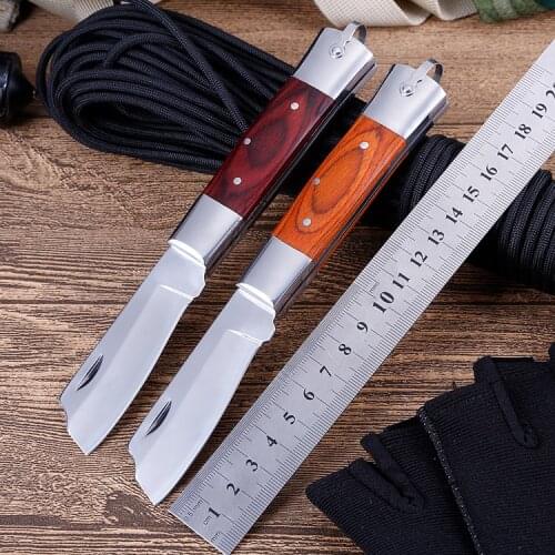 7.01'' Folding knife Outdoor Survival Tactical Pocket Knife Wooden Handle Camping Hiking Hunting Knives Self-defense EDC Tools