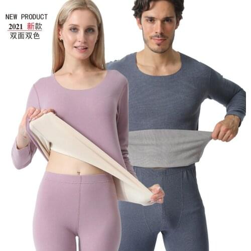 New type of womens long Johns double-sided furred round collar mens non-trace thermal underwear set In the thick