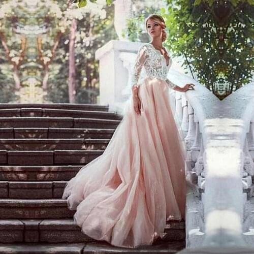 Tulle V-neck Neckline long Sleeves A-Line Wedding Dresses 2020 With Lace Appliques Illusion Pink Bridal Dress