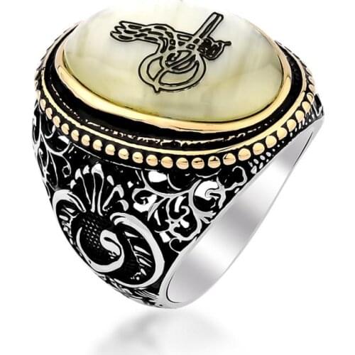 Handmade Vintage Jewelery Ottoman Tughra Style Ring Oval Silver Men Ring Sedef Ring Made İn Turkey Solid 925 Sterling Silver Men