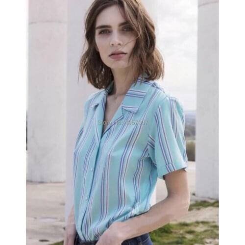 High Quality Silk 100% Blue Stripe Notched Blouse Shirt - 2019 Spring Summer Ladies Short Sleeve Shirt Top