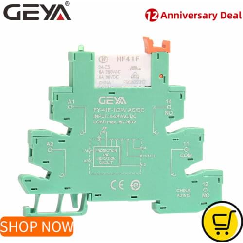 GEYA Slim Relay Module Protection Circuit 6A Relay 12VDC/AC or 24VDC/AC Relay Socket 6.2mm thickness