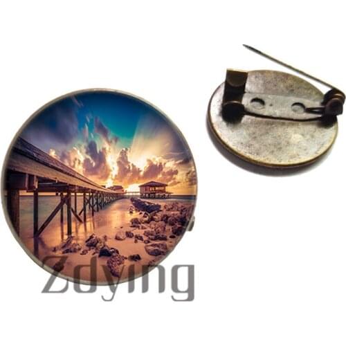 Zdying 20mm Antique Bronze landscape Mountain tree Sea Pattern Glass Cabochon Badge Brooches Round Glass Dome Brooch Pins SL08