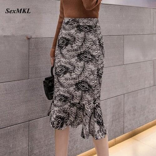 Plus Size Long Skirt Women 2020 Fashion High Waist Skirts Womens Sexy Clothes Printed Ruffle Bodycon Korean Office Skirt 4XL 5XL