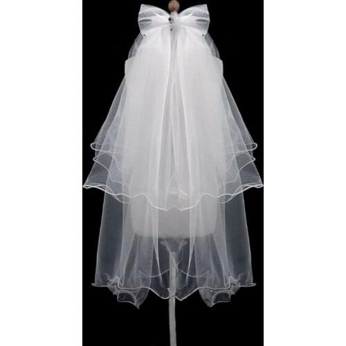 Women Wedding Veil Dress White bowknot Layers Tulle Ribbon Edge Bridal Veils