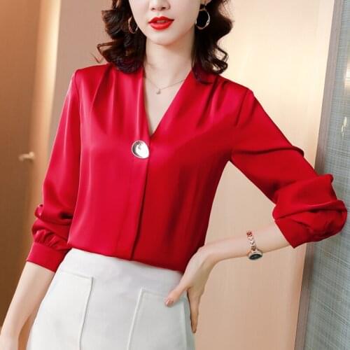 Womens Deep V-neck Solid OL Blouses 2021 Spring Plus Size Candy Color Blusas Elegant Casual Vintage Loose Tops Sexy Tees 9230