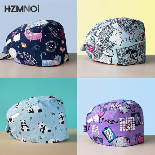 2021 Cotton Cartoon Print Breathable Pet Hospital Surgeon Dental Oral Beauty Salon Chef Female Medical Nurse Cap Scrub Cap