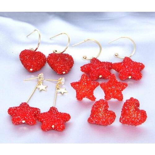 925 Silver Earpins Full Crystal Shiny KC Gold Tone Red Heart/Star Shape Crystal Drop Earrings Birthday Present