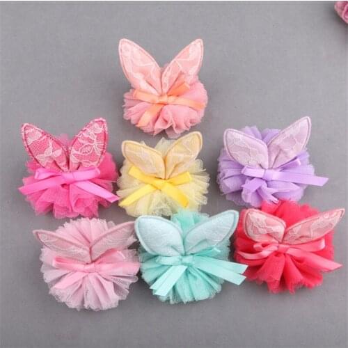 Free Shipping 20PCS Chiffon Lace Flowers Decorated Kawaii Animal Rabbit Ears Button Patch Sticker for Girls Hair Jewelry DIY