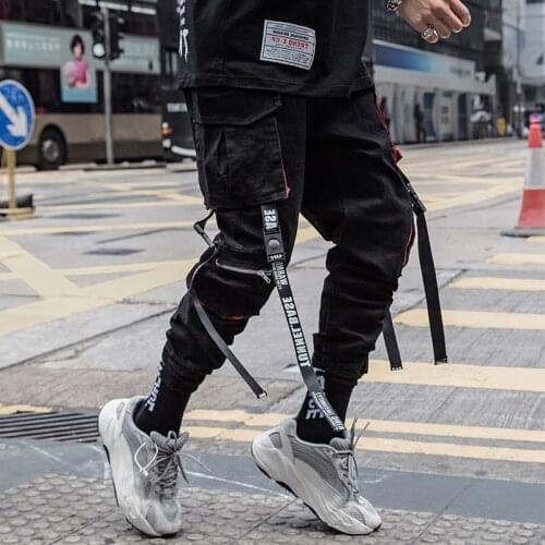 Autumn Streetwear Black Harem Pants Men Elastic Waist Punk Pants with Ribbons Casual Slim Jogger Pants Men Hip Hop Trousers
