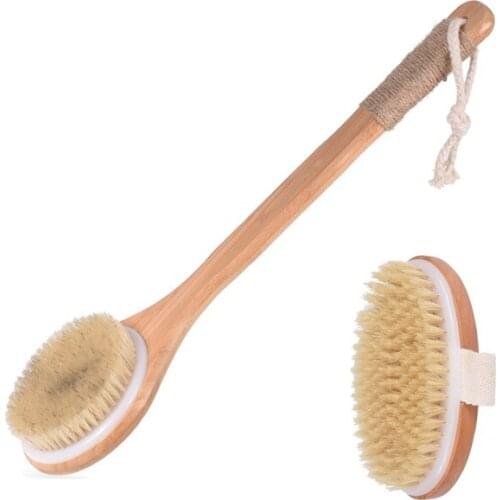 Wooden Bath Brush Set of 2,Bristle Bath Brush Body Massage Dry Brush Exfoliating Long Handle Wood Body Shower Brush
