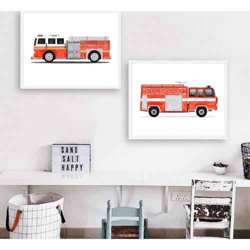 Firetruck Watercolor Art Canvas Painting Boy Kid Bedroom Wall Art Posters and Prints Wall Pictures Classroom Decoration