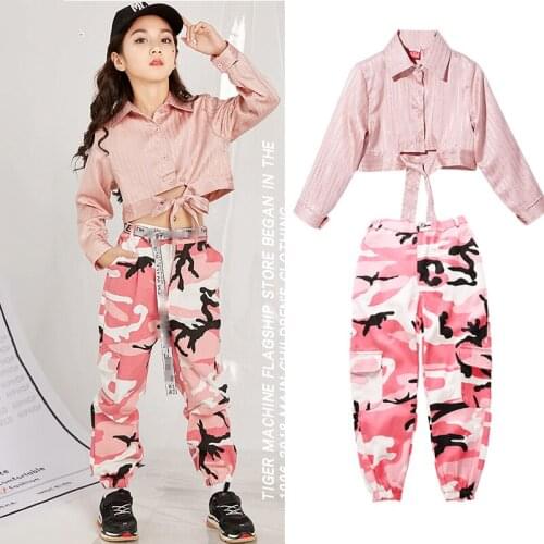Jazz Dance Costumes Kids Pink Shirts Camouflage Pants Hip Hop Street Clothing Cheerleading Stage Outfit Performance Wear DN3306