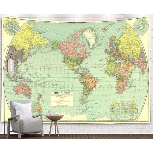 Colorful World Map Green Tapestry Vintage Exotic Summer Plant Nature Frame for Bedroom Photography Wall Decor