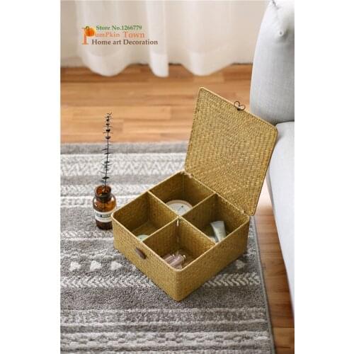 2019 Nordic style square seaweed woven storage basket,multi-grid storage box with lid,kitchen bathroom classified storage box
