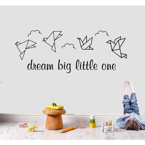 Cartoon Dream Big Little One Origami Bird Wall Sticker Kids Room Playroom Paper Bird Cloud Sky Dream Quote Wall Decal Bedroom Vi