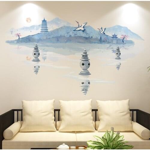 Blue Ink Painting Wall Stickers Chinese Style Living Room 3D Backdrop Wallsticker Home Office Bedroom Decor Decals for Furniture