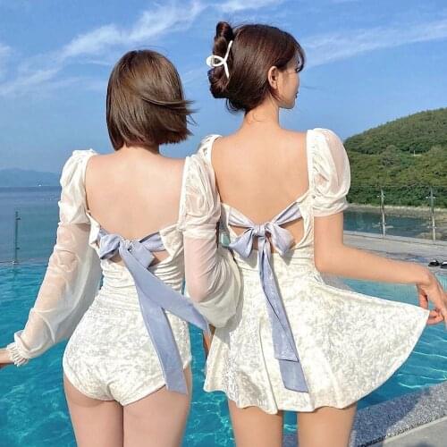2021 New Sexy One Piece Swimsuit Women Solid Swimwear Long Sleeve Monokini Skirted Swim Suit Open Back Trikini Pad Bathing Suit