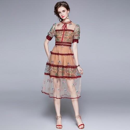 New Elegant See Through Short Sleeve Mesh Dress Flower Embroidery Stitching Lace Trims High Waist Sweet Bow Dress Vestido