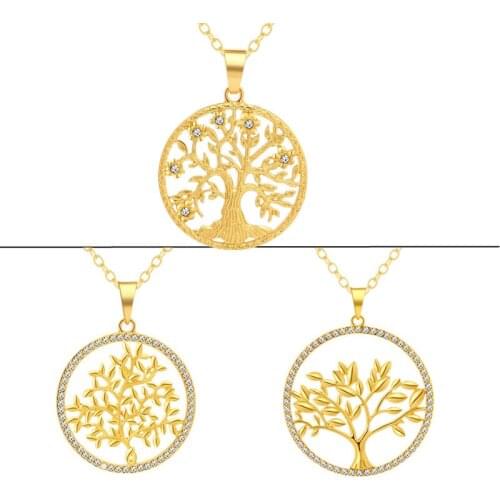 Tree of Life Necklace Women Lucky Jewelry Cubic Zirconia Circle Round Pendant Necklaces Gold Ketting Collier Femme Family Gift