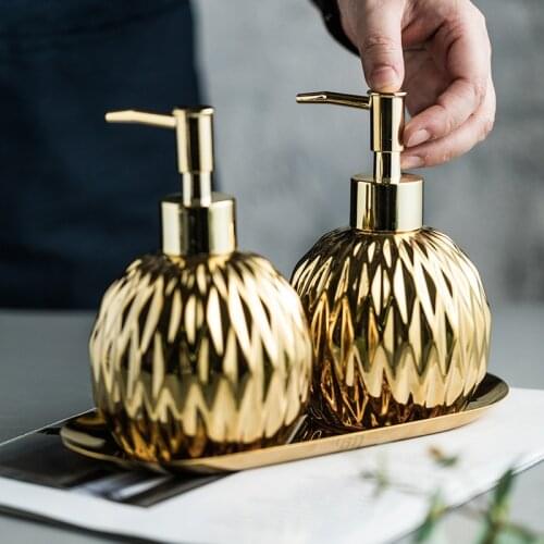 Luxury Gold Soap Dispenser with Press handle Ceramic Dispenser Silver Dispenser with stainless steel Tray Bathroom Accessory