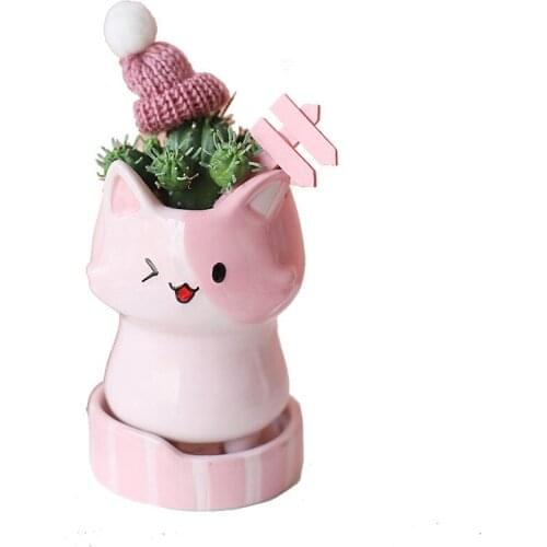 Cartoon Little Cat in Flower Pot Desktop Ceramic Succulent Flower Pot Gardening Hand-painted Artistic Potted Plants Gifts
