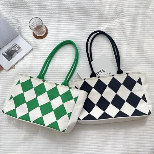 Contrast color rhombus tote bag ladies shoulder bag niche fashion popular classic canvas underarm bag women handbags