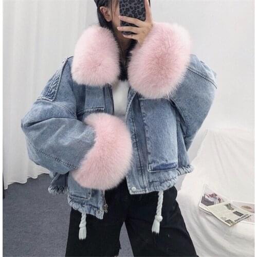 Loose Denim Jacket Women Oversized Fur Collar Plus Velvet Padded Jackets 2021 Winter Vintage Cotton Thick Warm Jean Coat JD1636