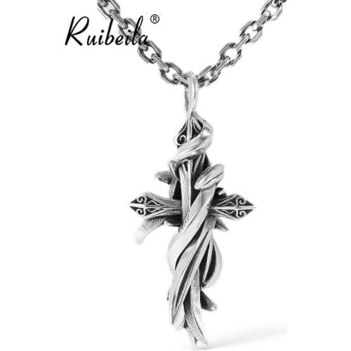 Ruibeila925 argent sterling exagéré croix fleur vigne enroulement pendentif mâle hip hop sauvage personnalité pendentif collier
