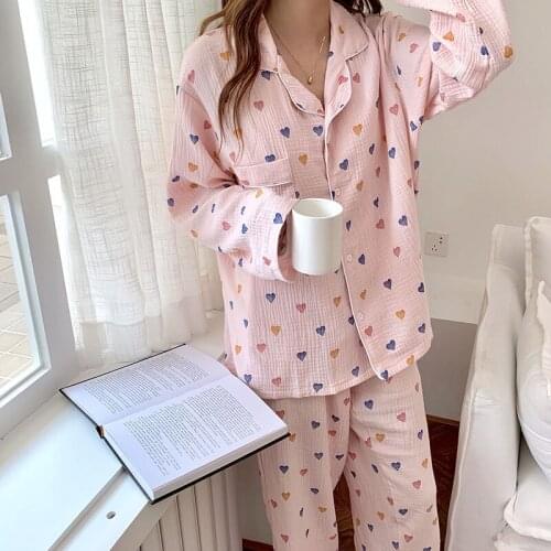 Spring and autumn womens pajamas suit skin-friendly cotton love printing loose long-sleeved cardigan fresh and cute two-piece h