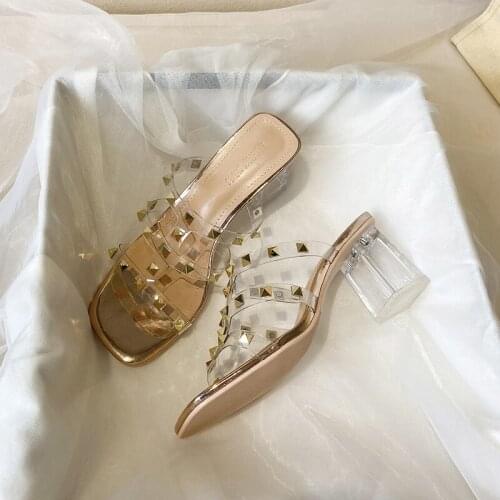 2021 Summer New Transparent Heel Women Sandals Sexy Rivet Decoration Square Toe Ladies Slippers Party Prom High Heels Sandals