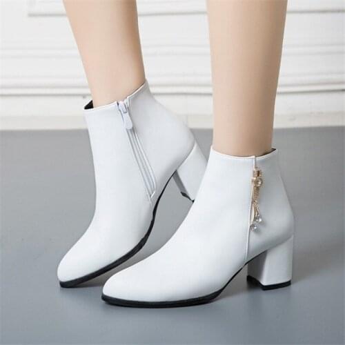 PXELENA 2020 White Black Women Boots Comfy Square High Heel Ankle Boots Bridal Fashion Zipper Boots Autumn Winter Ladies Shoes