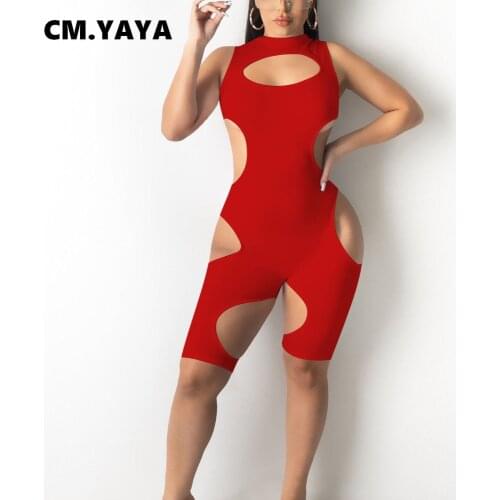 CM.YAYA Playsuit Women Solid Sleeveless Hollow Out Sheath Elastic Above Knee Playsuits Sexy Night Club Outfit Summer Female