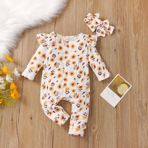 Ma&Baby 0-24M Newborn Infant Baby Girls Floral Jumpsuit Ruffles Long Sleeve Sunflower Romper Autumn Spring Clothing Costume D84