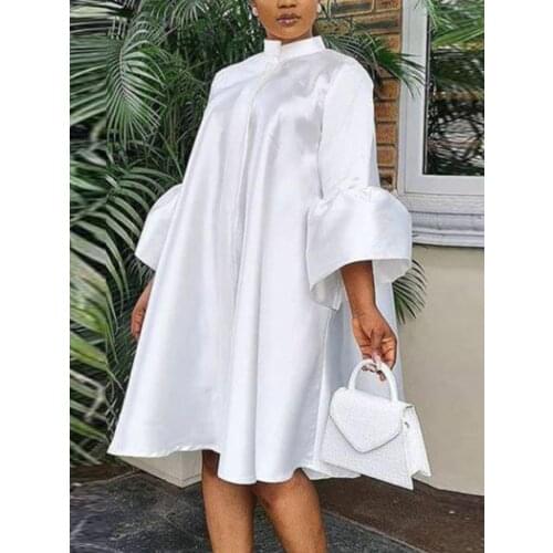 Women Loose Dresses Stand Collar Three Quarter Sleeves Oversized White Yellow Plus Size Ladies Classy Summer Autumn Robes Gowns