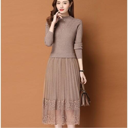 Women Spring Knitted Long Dress Long Sleeve Warm Slim O-neck Dresses Female Fashion Sweater Pullovers Sweater Dress