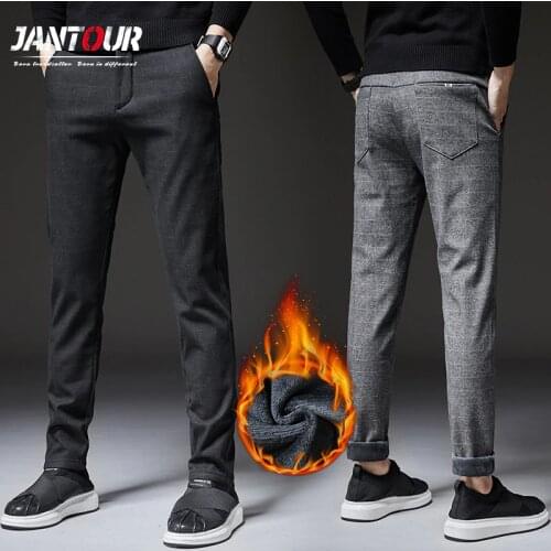 Mens winter Fleece Fluff Thicken warm Casual Pants men Business Straight Elastic Thick Plaid cotton Black Gray trousers male